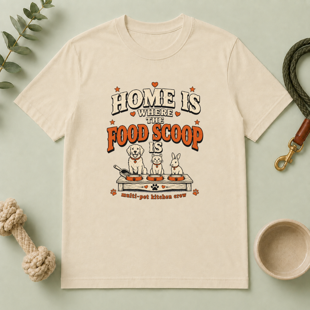 Home Is Where the Food Scoop Is – Multi-Pet Lifestyle T-Shirt
