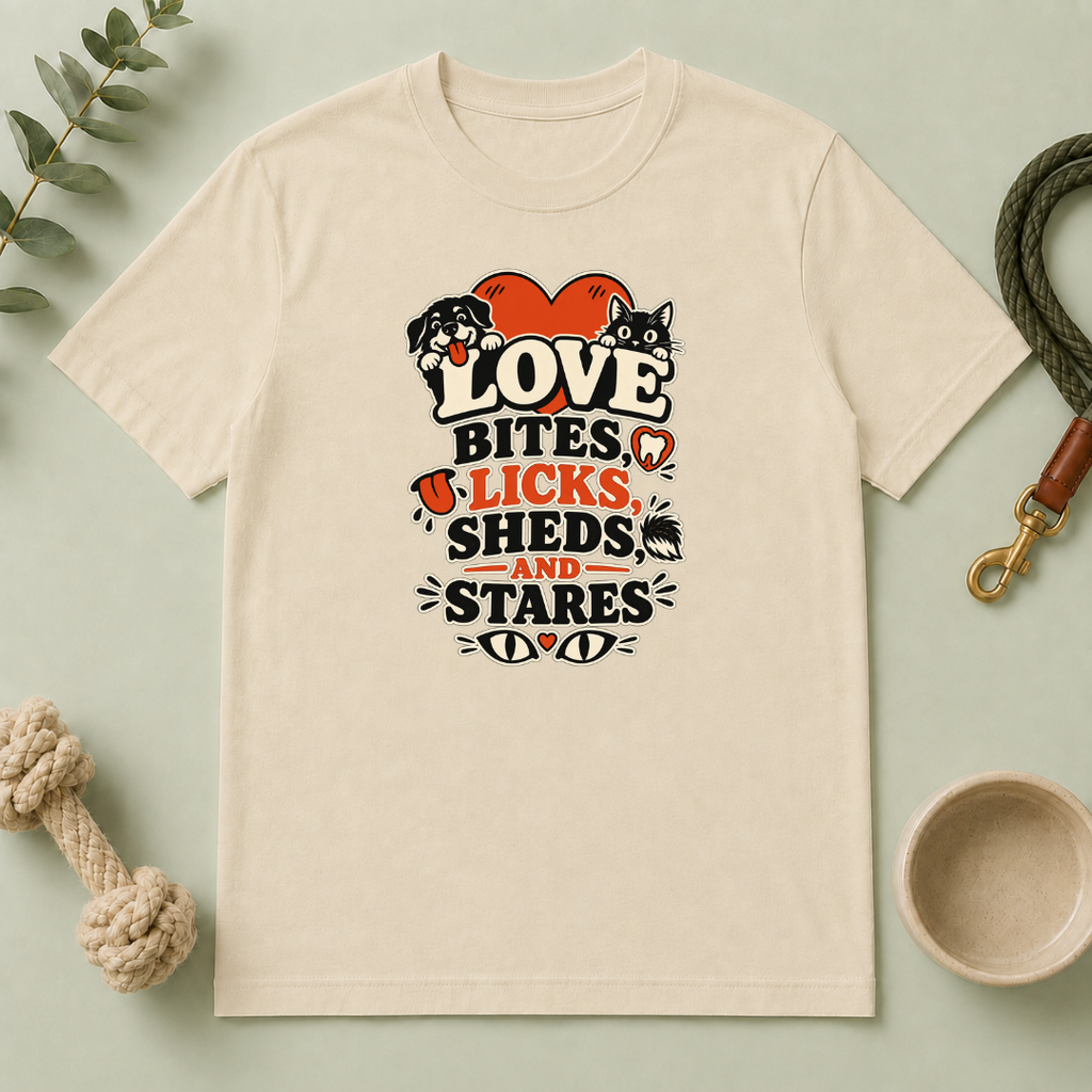 Love Bites Licks Sheds and Stares Valentine Pet T-Shirt