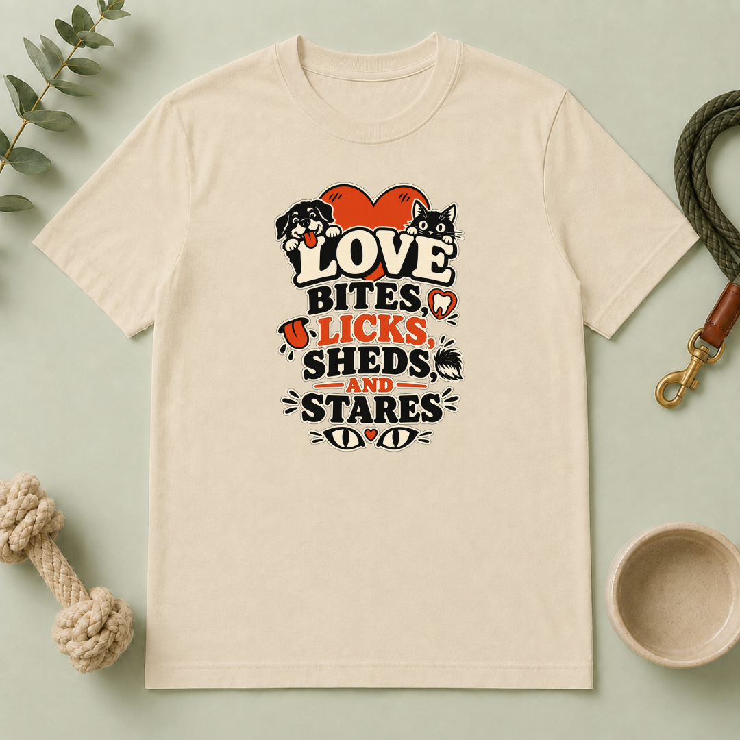Love Bites Licks Sheds and Stares Valentine Pet T-Shirt