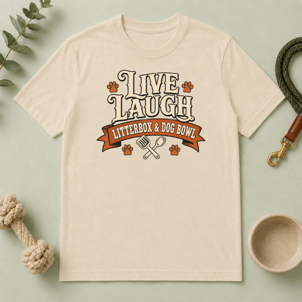 Live Laugh Litterbox & Dog Bowl – Dog & Cat Rivalry T-Shirt