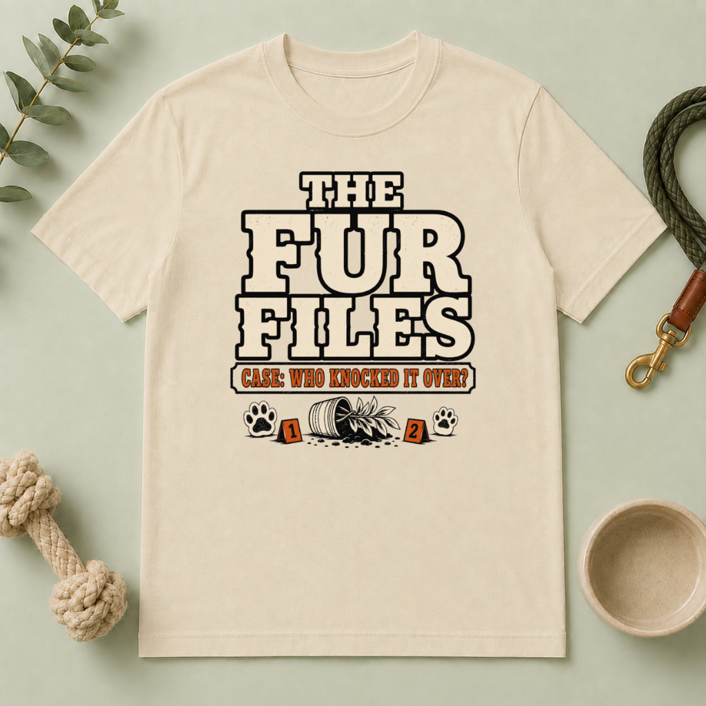 The Fur Files – Who Knocked It Over? Dog & Cat Rivalry T-Shirt