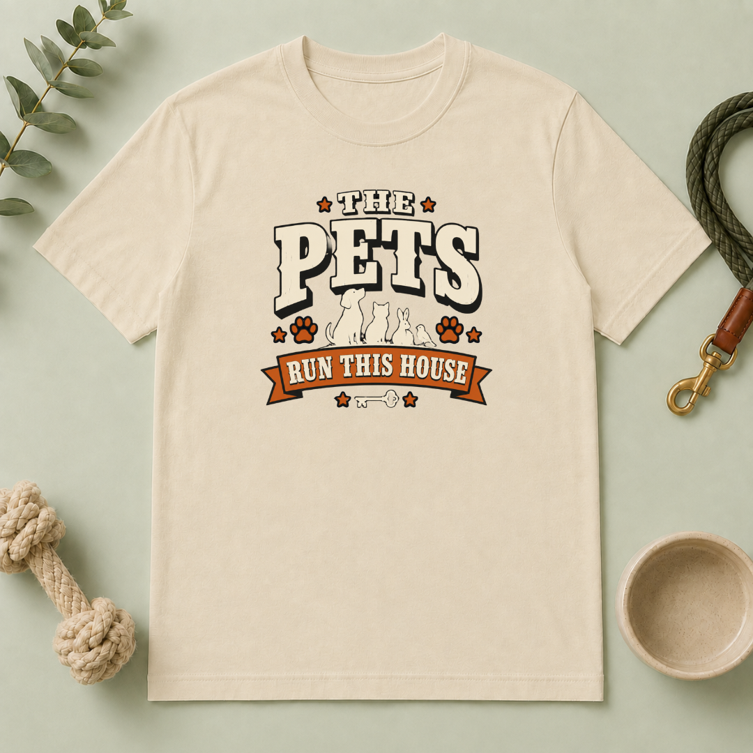 Pet Lover T‑Shirt — "The Pets Run This House" Retro Graphic