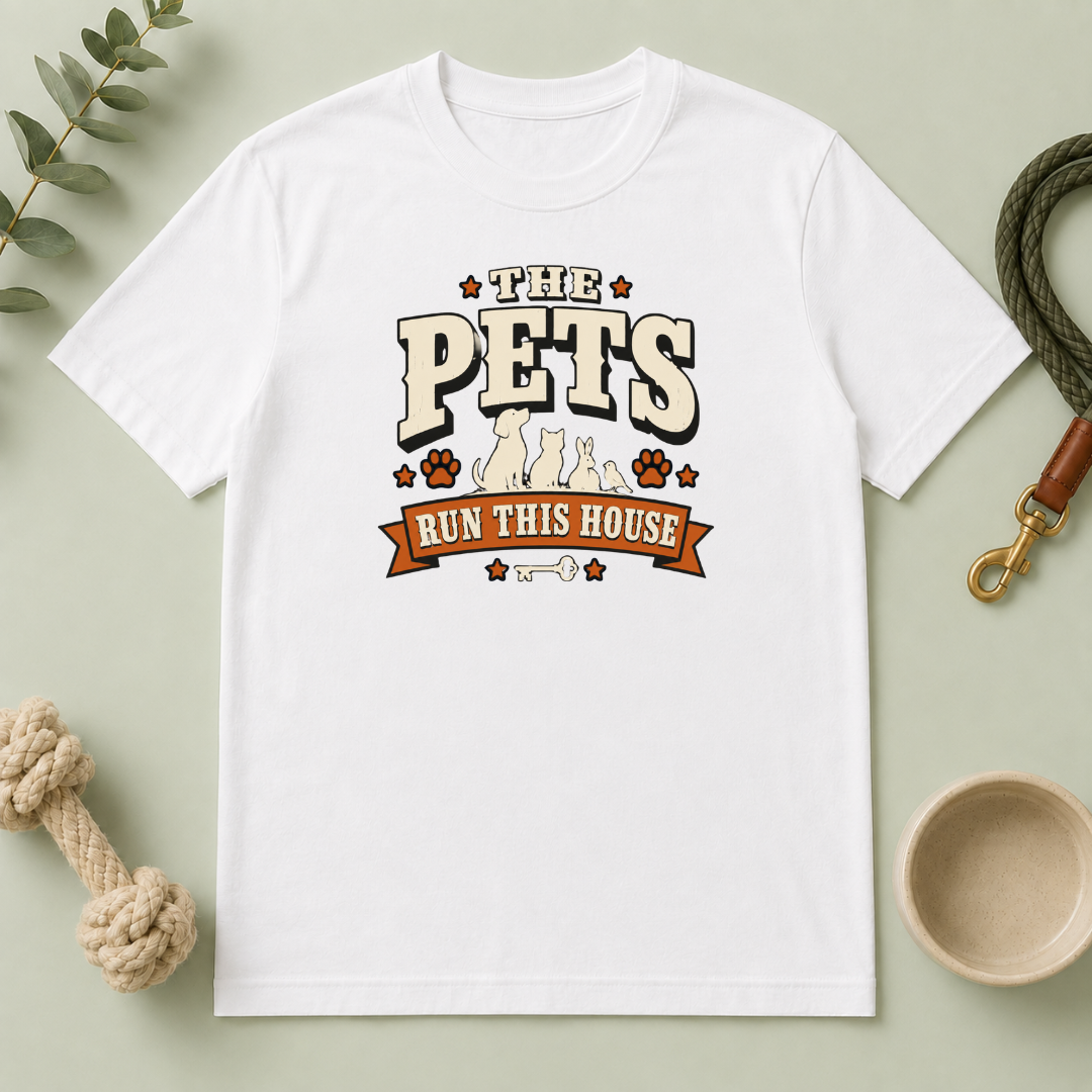Pet Lover T‑Shirt — "The Pets Run This House" Retro Graphic