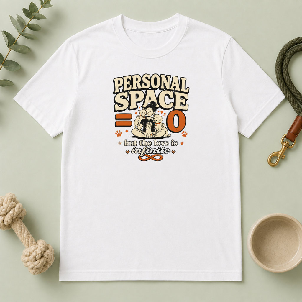 "Personal Space 0 but the love is Infinite" Cute Retro Cat & Dog Graphic Tee