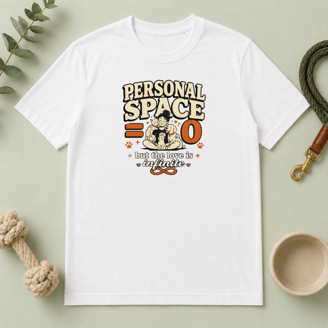 "Personal Space 0 but the love is Infinite" Cute Retro Cat & Dog Graphic Tee