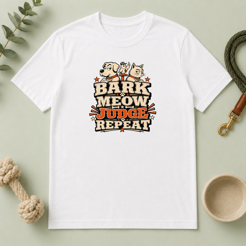 Bark Meow Judge Repeat – Funny Dog & Cat Pet Lover Tee