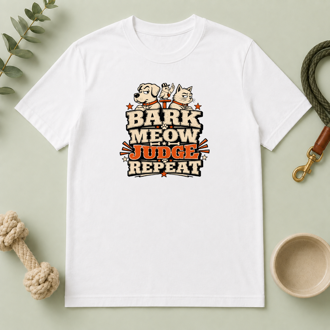 Bark Meow Judge Repeat – Funny Dog & Cat Pet Lover Tee