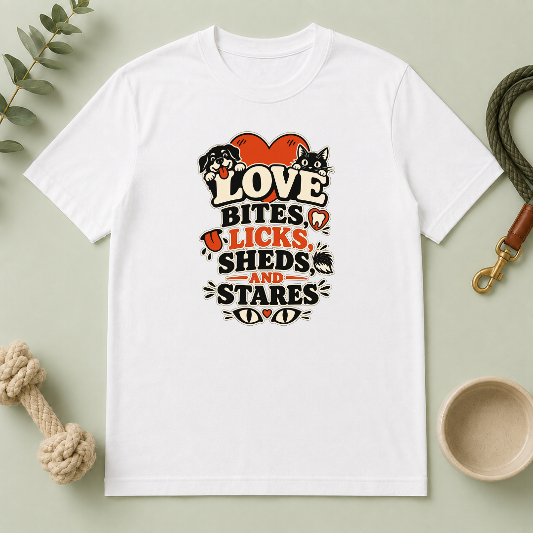 Love Bites Licks Sheds and Stares Valentine Pet T-Shirt