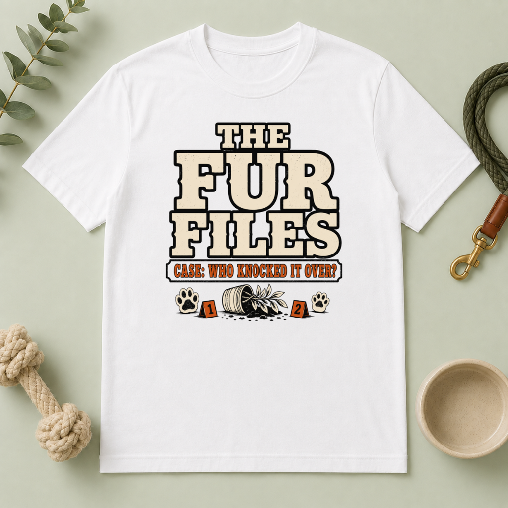 The Fur Files – Who Knocked It Over? Dog & Cat Rivalry T-Shirt