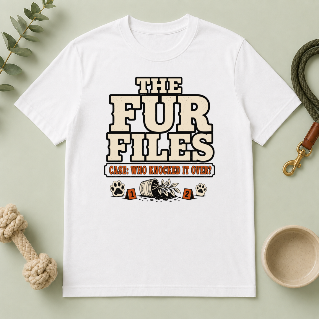 The Fur Files – Who Knocked It Over? Dog & Cat Rivalry T-Shirt
