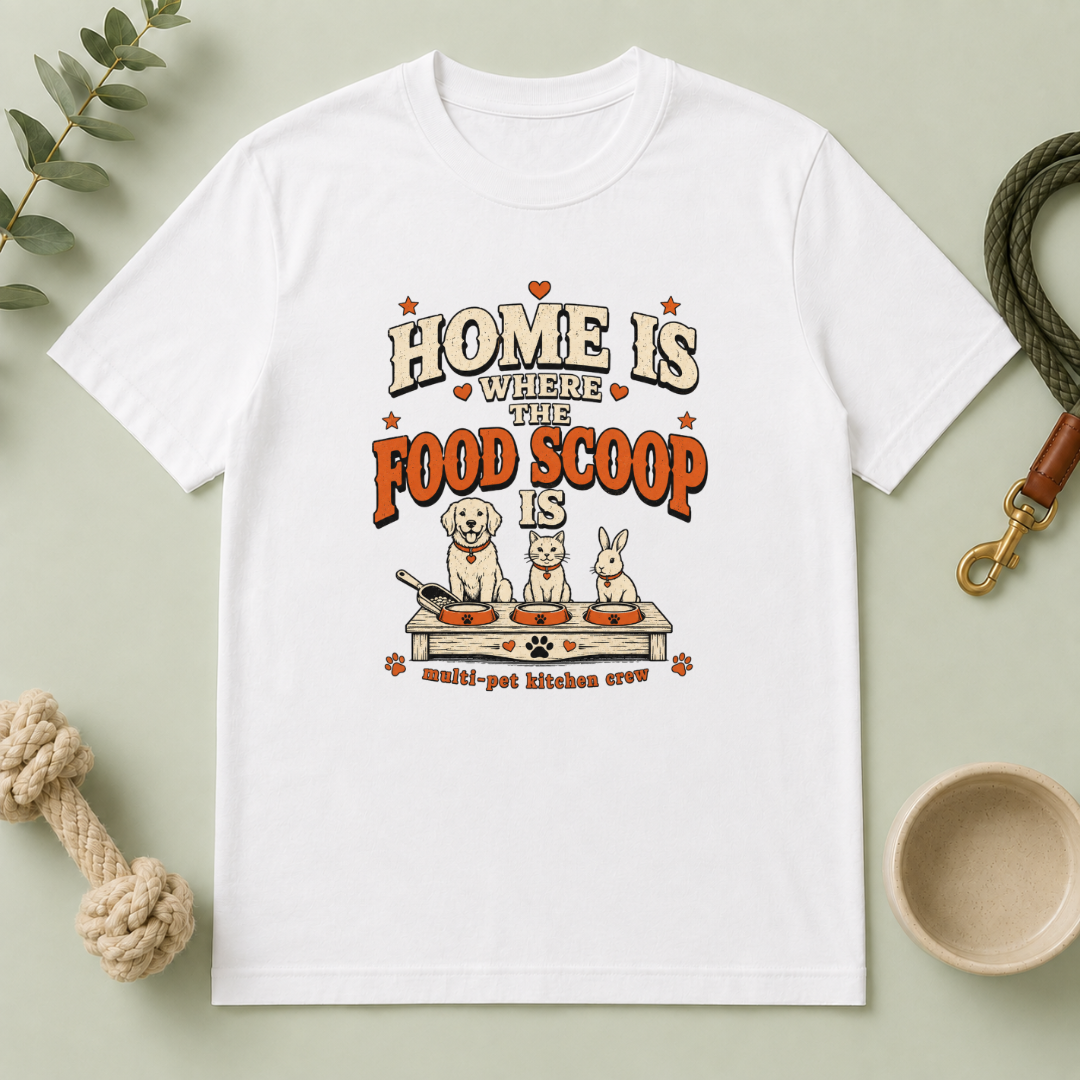 Home Is Where the Food Scoop Is – Multi-Pet Lifestyle T-Shirt